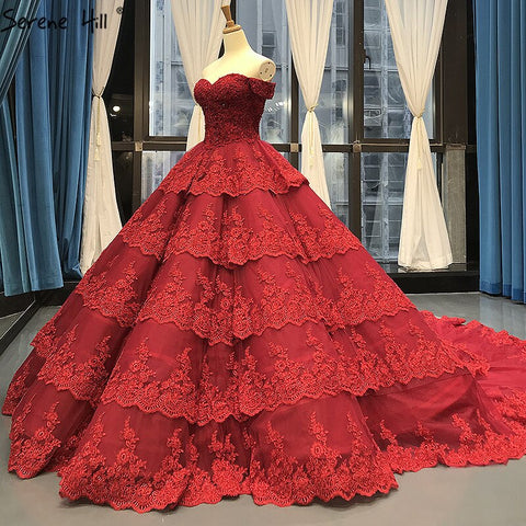 Wine Red Luxury Lace Tiered Sexy Wedding Dress Sleeveless Beading Bridal Gowns 2025 Real Picture HM66786 Custom Made