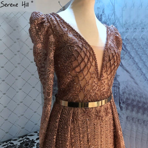 Wine Red Mermaid V-Neck Dubai Evening Dresses 2025 Luxury Long Sleeves Beading Crystal Formal Dress LA70537