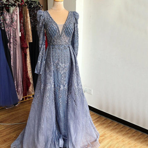 Wine Red Mermaid V-Neck Dubai Evening Dresses 2025 Luxury Long Sleeves Beading Crystal Formal Dress LA70537