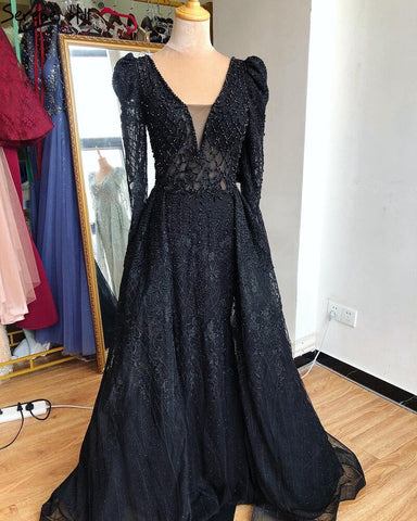 Wine Red Mermaid V-Neck Dubai Evening Dresses 2025 Luxury Long Sleeves Beading Crystal Formal Dress LA70537