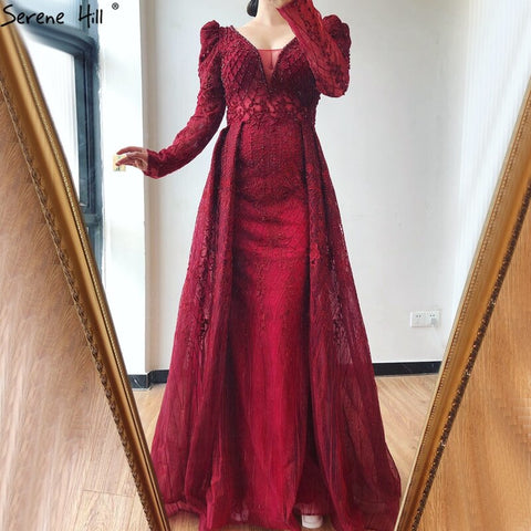Wine Red Mermaid V-Neck Dubai Evening Dresses 2025 Luxury Long Sleeves Beading Crystal Formal Dress LA70537