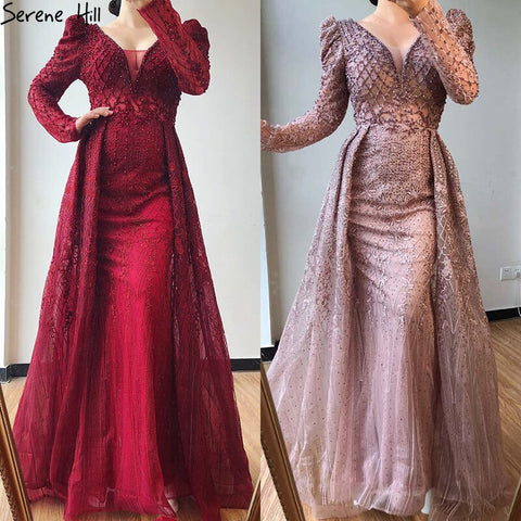 Wine Red Mermaid V-Neck Dubai Evening Dresses 2025 Luxury Long Sleeves Beading Crystal Formal Dress LA70537