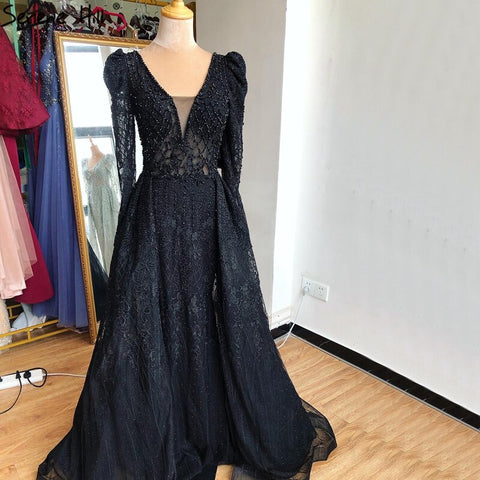 Wine Red Mermaid V-Neck Dubai Evening Dresses 2025 Luxury Long Sleeves Beading Crystal Formal Dress LA70537