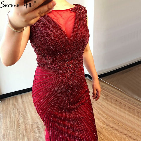 Wine Red O-Neck Luxury Sleeveless Evening Dresses 2025 Dubai Mermaid Diamond Beading Formal Dress LA70415
