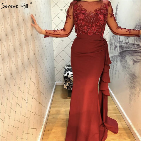 Wine Red O-Neck Satin Mermaid Prom Dresses 2025 Beading Handmade Flowers Long Sleeves Prom Gowns LA70244