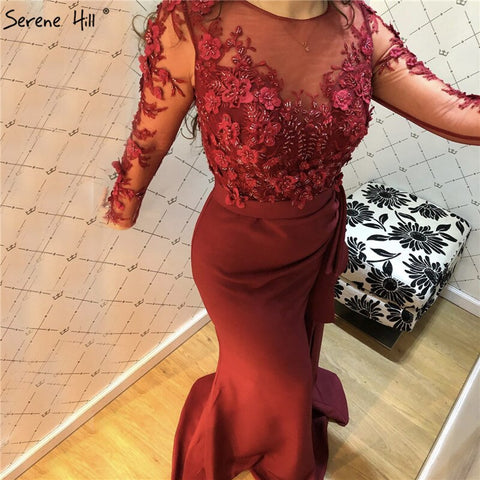 Wine Red O-Neck Satin Mermaid Prom Dresses 2025 Beading Handmade Flowers Long Sleeves Prom Gowns LA70244