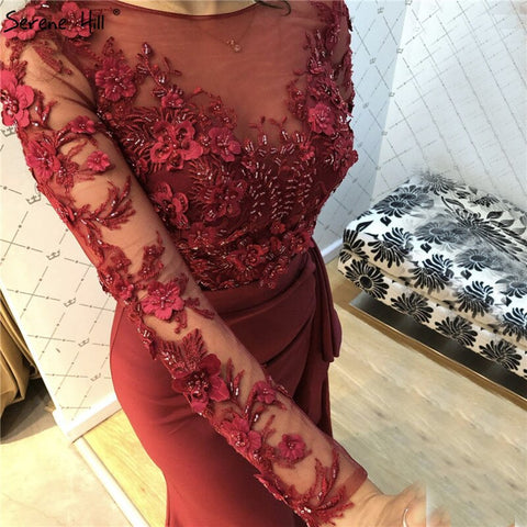 Wine Red O-Neck Satin Mermaid Prom Dresses 2025 Beading Handmade Flowers Long Sleeves Prom Gowns LA70244