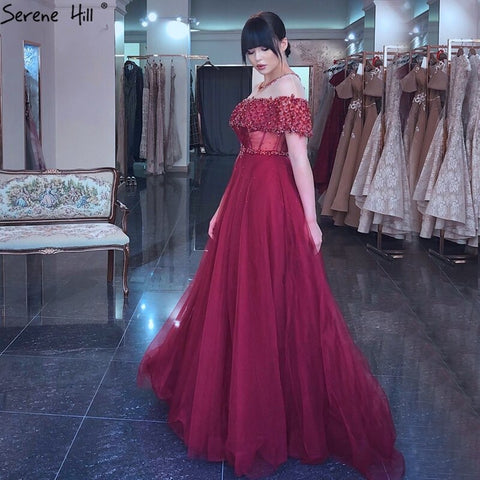 Wine Red Short Sleeves Sexy Evening Dresses 2025 Dubai Diamond Sequins O-Neck A-Line Formal Dress LA70352
