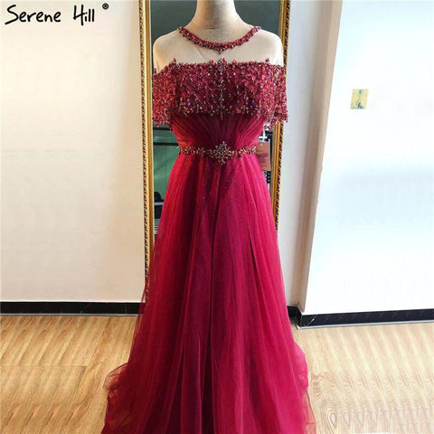 Wine Red Short Sleeves Sexy Evening Dresses 2025 Dubai Diamond Sequins O-Neck A-Line Formal Dress LA70352
