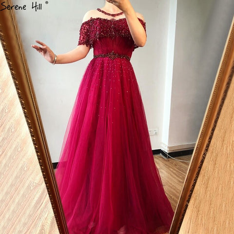 Wine Red Short Sleeves Sexy Evening Dresses 2025 Dubai Diamond Sequins O-Neck A-Line Formal Dress LA70352