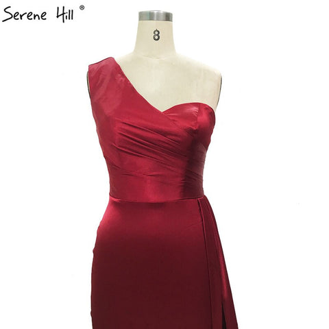 Wine Red Sleeveless Sexy Satin Evening Dresses 2025 One Shoulder Simple Mermaid Formal Dress LA70368