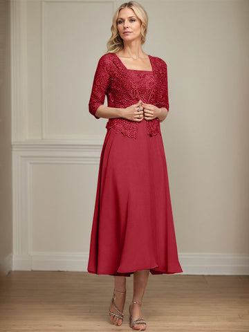 A-line Square Tea-Length Chiffon Lace Mother of the Bride Dress With Sequins Beading