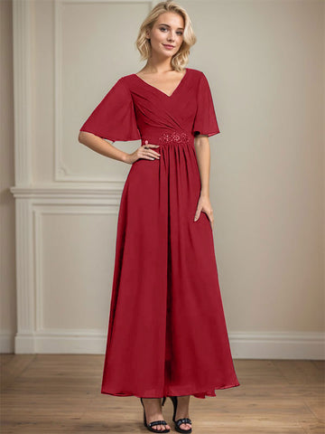 A-line V-Neck Ankle-Length Chiffon Mother of the Bride Dress With Pleated Beading Sequins