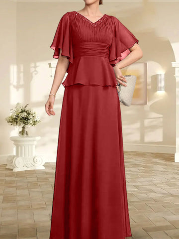 A-line V-Neck Floor-Length Chiffon Mother of the Bride Dress With Pleated Beading