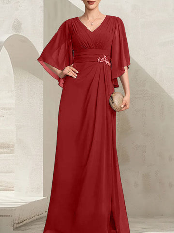 Sheath/Column V-Neck Floor-Length Chiffon Mother of the Bride Dress With Pleated Sequins Beading