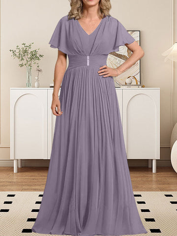 A-line V-Neck Floor-Length Chiffon Mother of the Bride Dress With Crystal Brooch Pleated