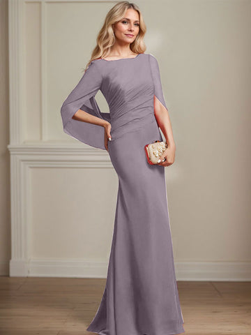 Trumpet/Mermaid Boat Neck Floor-Length Chiffon Mother of the Bride Dress With Pleated