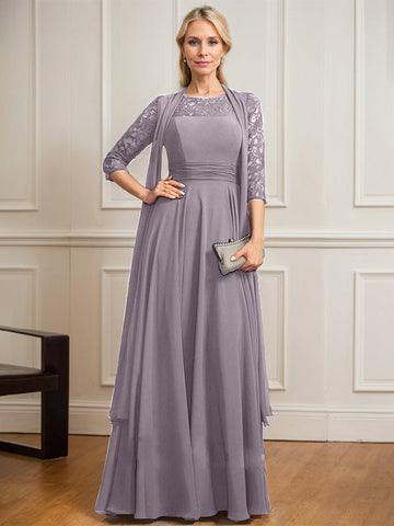 A-line Scoop Illusion Floor-Length Lace Chiffon Mother of the Bride Dress With Pleated
