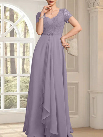 A-line Sweetheart Floor-Length Chiffon Lace Mother of the Bride Dress With Beading Cascading Ruffles