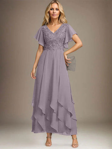 A-line V-Neck Ankle-Length Lace Chiffon Mother of the Bride Dress With Cascading Ruffles