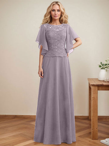 A-line Scoop Illusion Floor-Length Lace Chiffon Mother of the Bride Dress With Sequins