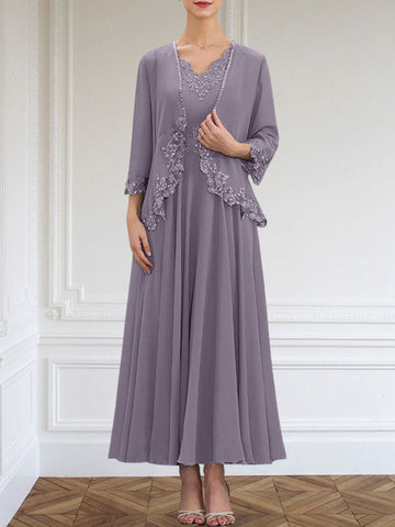 A-line V-Neck Ankle-Length Chiffon Mother of the Bride Dress With Sequins Appliques Lace Beading