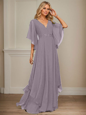A-line V-Neck Floor-Length Chiffon Mother of the Bride Dress With Sequins Appliques Lace Beading