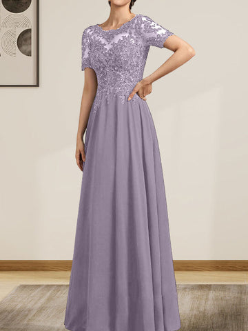 A-line Scoop Illusion Floor-Length Chiffon Lace Mother of the Bride Dress With Sequins Beading