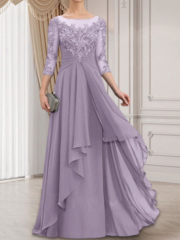 A-line Scoop Illusion Floor-Length Lace Chiffon Mother of the Bride Dress With Cascading Ruffles