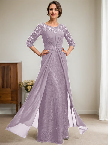 A-Line Scoop Illusion Floor-Length Lace Chiffon Mother Of the Bride Dress With Beading Ruffles