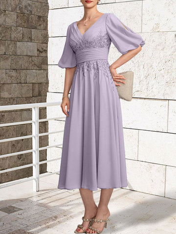A-line V-Neck Tea-Length Lace Chiffon Mother of the Bride Dress With Pleated