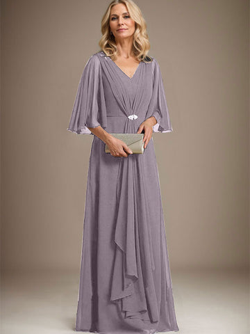 A-line V-Neck Floor-Length Chiffon Mother of the Bride Dress With Cascading Ruffles Crystal Brooch