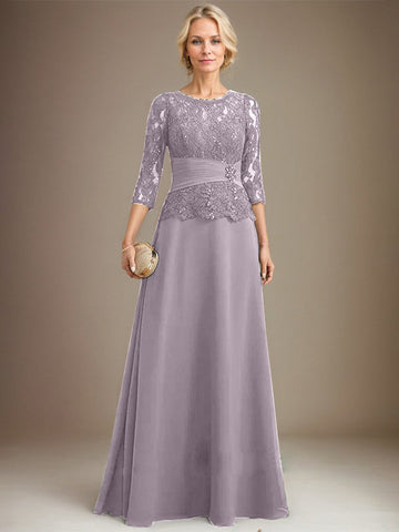 A-line Scoop Illusion Floor-Length Chiffon Lace Mother of the Bride Dress With Pleated Sequins Beading