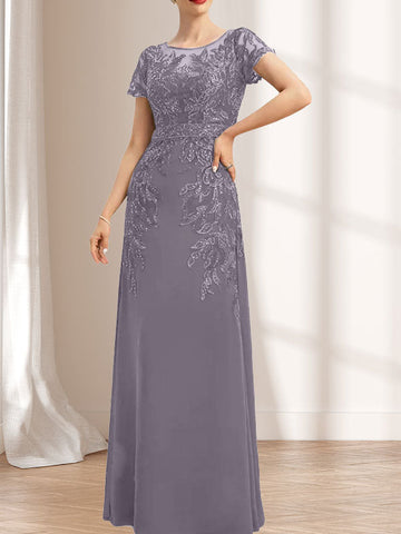 Vestido de novia de corte recto/columna, escote redondo, ilusión, largo hasta el suelo, de encaje y gasa con lentejuelas.