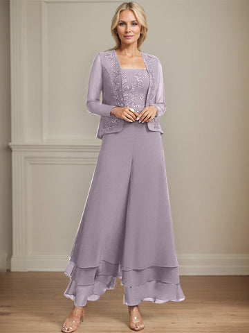 Separates Jumpsuit/Pantsuit Square Ankle-Length Lace Chiffon Mother of the Bride Dress With Sequins