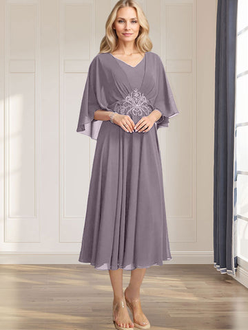 A-line V-Neck Tea-Length Chiffon Mother of the Bride Dress With Pleated Sequins Appliques Lace Beadind