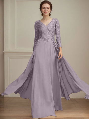 A-line V-Neck Floor-Length Lace Chiffon Mother of the Bride Dress With Sequins