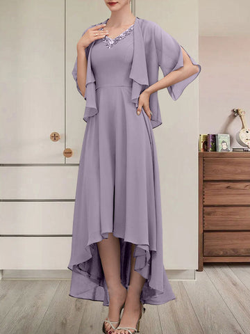 A-line V-Neck Asymmetrical Chiffon Mother of the Bride Dress With Beading Sequins