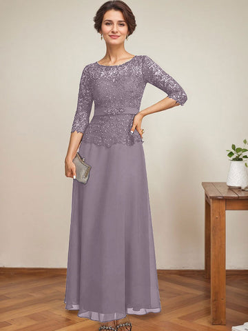 A-line Scoop Illusion Ankle-Length Chiffon Lace Mother of the Bride Dress With Rhinestone Beading
