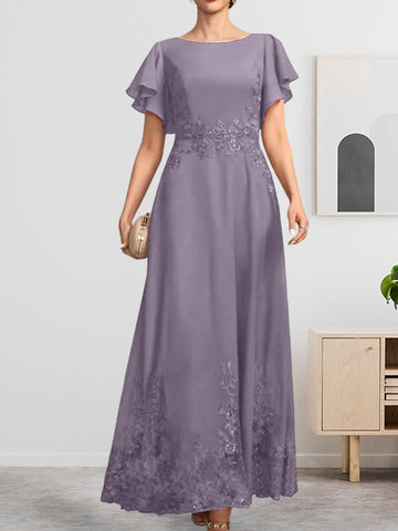 A-line Scoop Ankle-Length Lace Chiffon Mother of the Bride Dress With Sequins
