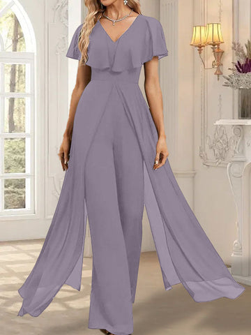 Jumpsuit/Pantsuit V-Neck Floor-Length Chiffon Evening Dress