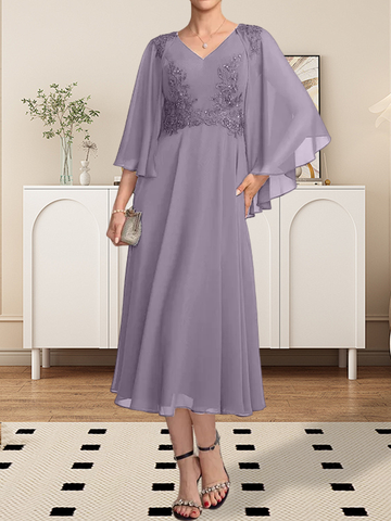 A-line V-Neck Tea-Length Chiffon Lace Mother of the Bride Dress With Beading Sequins