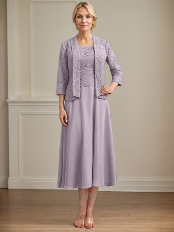 A-line Scoop Tea-Length Lace Chiffon Mother of the Bride Dress