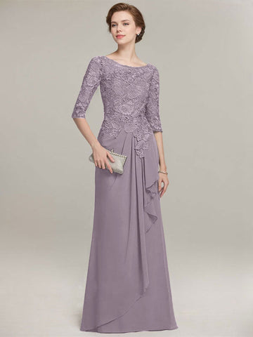 A-line Scoop Illusion Floor-Length Lace Chiffon Mother of the Bride Dress With Cascading Ruffles