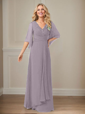 A-Line V-Neck Long Sequins Chiffon Mother Dress