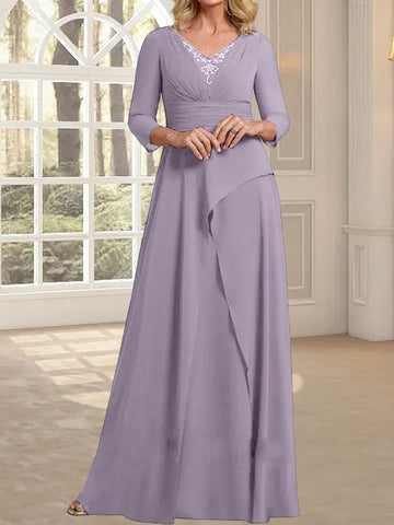 A-line V-Neck Floor-Length Chiffon Mother of the Bride Dress With Pleated Beading