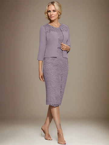 Sheath/Column Scoop Knee-Length Chiffon Lace Mother of the Bride Dress With Beading