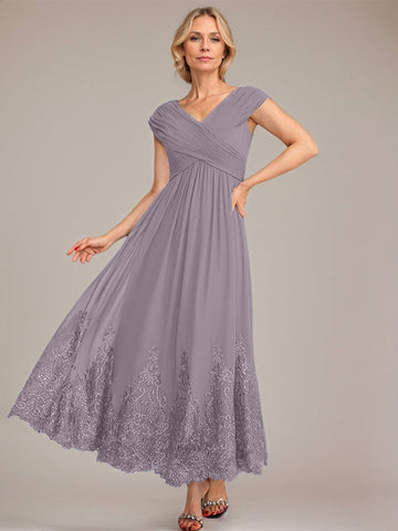A-line V-Neck Ankle-Length Chiffon Mother of the Bride Dress With Applique Sequins