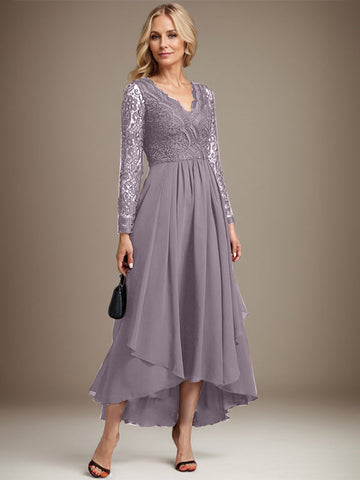 A-line V-Neck Asymmetrical Lace Chiffon Mother of the Bride Dress