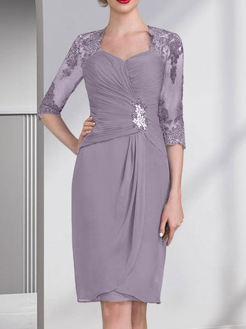 Sheath/Column Sweetheart Knee-Length Chiffon Mother of the Bride Dress With Beading Appliques Lace Sequins Pleated